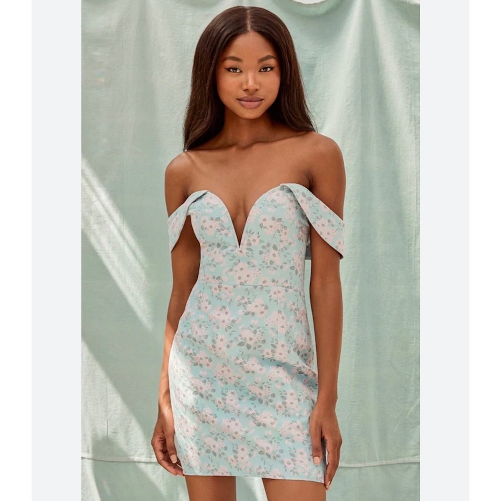 Lulus Floral Brocade Off Shoulder Mini Dress Light Blue Pink Metallic Size L